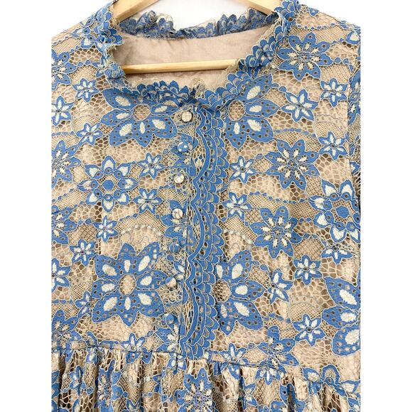 METISU Blue Lace Long Sleeve Midi Dress size Medium Peasant Boho Coquette - Picture 4 of 8